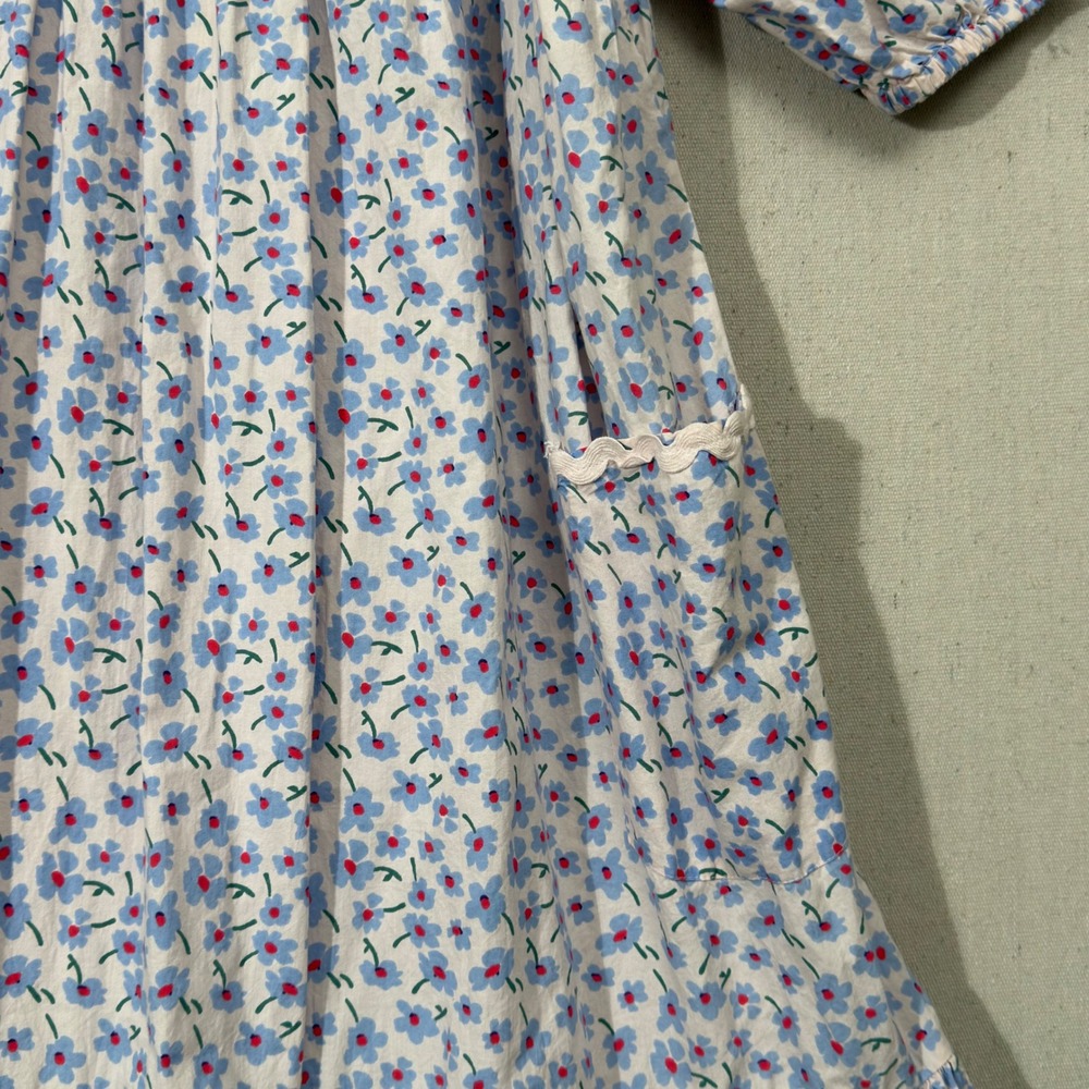 Damson Madder Greta Ditsy Floral Midi Dress UK 14 Pink Blue Puff Sleeve Pockets - Picture 4 of 13
